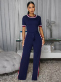 Spring Summer Women Trendy Patchwork Ribbed Contrast Lounge Two-Piece Pants Set