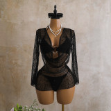 Women Sequin Mesh Long Sleeve Bikini Three-Piece Swimsuit