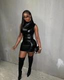 Spring Summer Women PU Sleeveless Sexy Bodycon Mini Dress