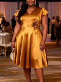 Plus Size Women Gold Floral V-Neck Ruffle Sleeve Formal Evening Dress