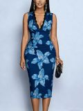 Women Leopard Print V-Neck Slash Sleeveless Lace Dress