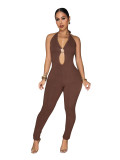 Spring Summer Women Sexy Ribbed Cut-Out Halter Neck Slim Fit Jumpsuit Romper
