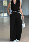 Spring Summer Women Office Casual Sleeveless Shirt & Wide Leg Pants Set