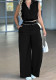 Spring Summer Women Office Casual Sleeveless Shirt & Wide Leg Pants Set
