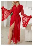 Women Heart Print Mesh See-Through Robe Lingerie