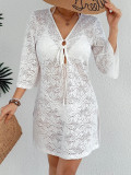 Women Hollow Knitted Deep V Beach Cover-Up Dress