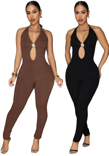 Spring Summer Women Sexy Ribbed Cut-Out Halter Neck Slim Fit Jumpsuit Romper