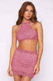 Summer Women Knitted Round Neck Crop Top & Skirt Set