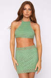 Summer Women Knitted Round Neck Crop Top & Skirt Set