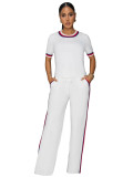 Spring Summer Women Trendy Patchwork Ribbed Contrast Lounge Two-Piece Pants Set