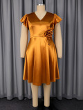 Plus Size Women Gold Floral V-Neck Ruffle Sleeve Formal Evening Dress
