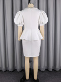 Plus Size Women Elegant White Peter Pan Collar Puff Sleeve Formal Party Midi Dres
