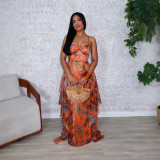 Spring Summer Women Boho Leaf Print Strap Vacation Beach Maxi Dress