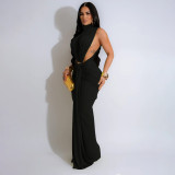 Summer Women High Neck Metal Detail Open Waist Bodycon Dress