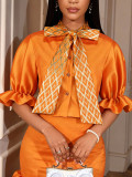 Women Satin Bowknot Ruffle Slim Fit Bodycon Two-Piece Skirt Set