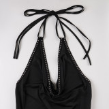 Women Sexy Lace-up Halter Neck Strap Mini Club Dress