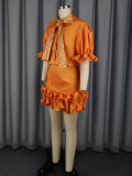 Women Satin Bowknot Ruffle Slim Fit Bodycon Two-Piece Skirt Set