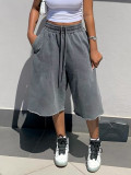 Women Washed Gray Casual Drawstring Wide Leg Cropped Pants Streetwear
