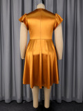 Plus Size Women Gold Floral V-Neck Ruffle Sleeve Formal Evening Dress
