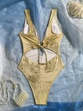 Women Shiny Lace-Up Cut-Out One-Piece Swimsuit Monokini