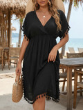 Women Fringe Patchwork Deep V Beach Maxi Dress