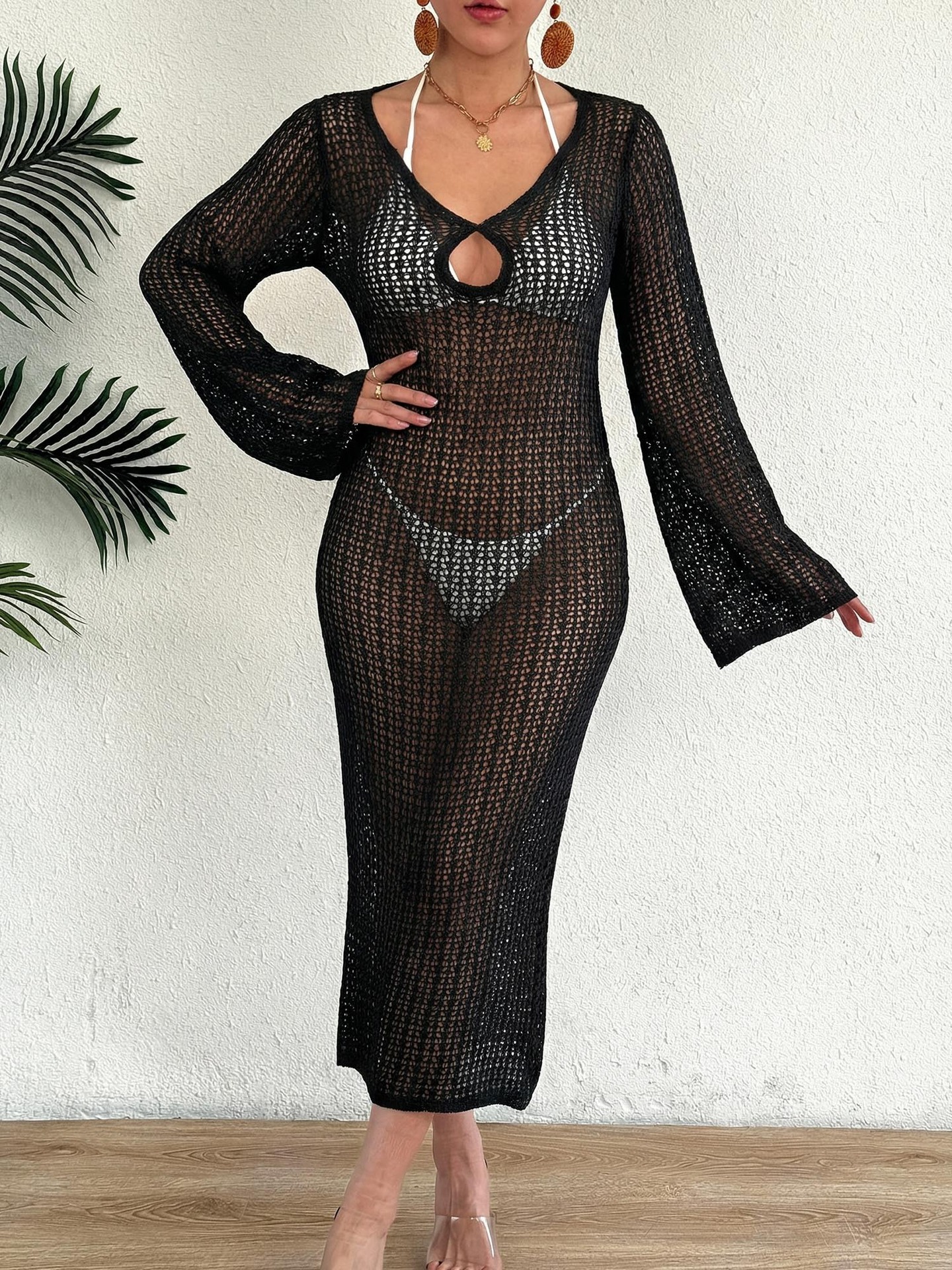 See-Through Mesh Deep V Cover-Up Dress for Beachwear