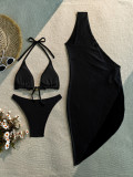 Women Solid Bikini  with Cover-Up Three-Piece Swimsuit Set