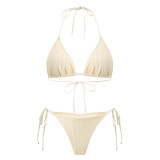 Women Mesh Lace Halter Neck Tie Bikini Three-Piece Beach Set