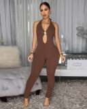 Spring Summer Women Sexy Ribbed Cut-Out Halter Neck Slim Fit Jumpsuit Romper