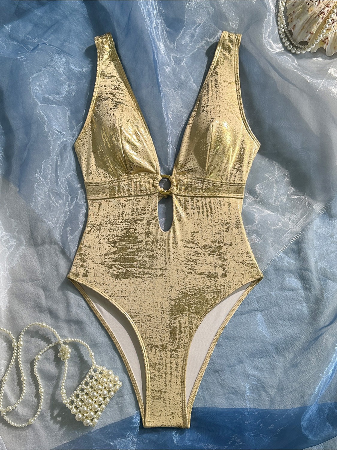 Shiny Lace-Up Cut-Out One-Piece Monokini for Summer Swimwear