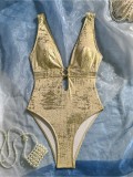 Women Shiny Lace-Up Cut-Out One-Piece Swimsuit Monokini