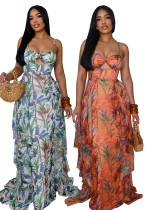 Spring Summer Women Boho Leaf Print Strap Vacation Beach Maxi Dress Spring Summer Women Boho Leaf Print Strap Vacation Beach Maxi Dress