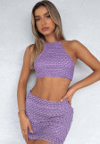 Summer Women Knitted Round Neck Crop Top & Skirt Set