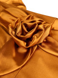 Plus Size Women Gold Floral V-Neck Ruffle Sleeve Formal Evening Dress