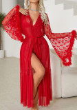 Women Heart Print Mesh See-Through Robe Lingerie