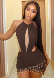 Spring Women Sexy Halter Neck Fringe Patchwork Low Back Bodycon Dress