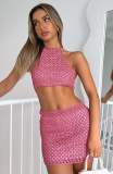 Summer Women Knitted Round Neck Crop Top & Skirt Set