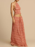 Spring Summer Women Vacation Pleated Halter Top & Maxi Skirt Two-Piece Set