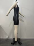 Spring Summer Women PU Sleeveless Sexy Bodycon Mini Dress