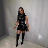 Spring Summer Women PU Sleeveless Sexy Bodycon Mini Dress