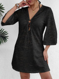Women Hollow Knitted Deep V Beach Cover-Up Dress