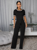 Spring Summer Women Trendy Patchwork Ribbed Contrast Lounge Two-Piece Pants Set
