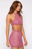 Summer Women Knitted Round Neck Crop Top & Skirt Set