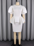 Plus Size Women Elegant White Peter Pan Collar Puff Sleeve Formal Party Midi Dres