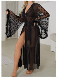 Women Heart Print Mesh See-Through Robe Lingerie