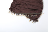 Spring Women Sexy Halter Neck Fringe Patchwork Low Back Bodycon Dress