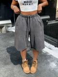 Women Washed Gray Casual Drawstring Wide Leg Cropped Pants Streetwear