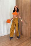 Women Tassel Patchwork Color Block Non-Stretch Denim Pants