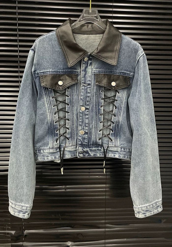 Spring Women's Denim Patchwork Lace-Up Top Skirt Pants Three-Piece Set