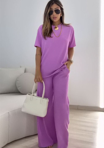 Women Summer Short-sleeved Top and Wide-leg Pants Casual Two-Piece Set